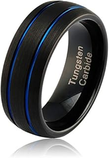 Custom Engraved Black Tungsten Wedding Band Blue Thin Line Stripe Men's Rings Size 6-16