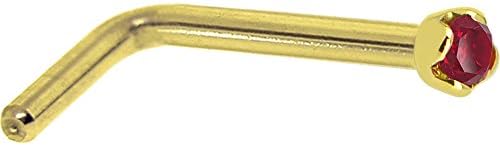 Body Candy Solid 14k Yellow Gold 1.5mm Genuine Ruby L Shaped Nose Stud Ring 18 Gauge 1/4"