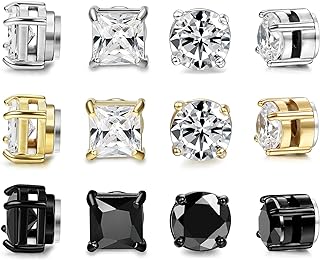 FIBO STEEL 6 Pairs Magnetic Stud Earrings for Men Women Stainless Steel CZ Unisex Magnet Earrings Set Hypoallergenic Non-Piercing Clip On Earrings Fake Earrings Jewelry Silver Gold Black 5-8MM