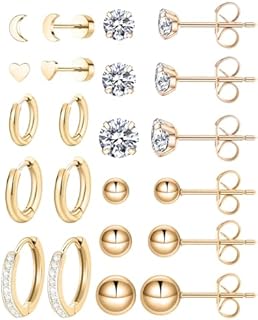 11 Pairs Surgical Steel Earrings Sets for Multiple Piercing Lightweight Small Huggie Hoop Earrings CZ Stud Earrings for Women Cartilage Trendy Hypoallergenic free combination（gold/silver/roes)