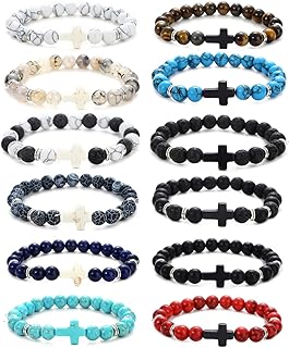 12Pcs Cross Beads Bracelet for Men Women 8mm Healing Lava Tiger Eye Stone Stretch Anxiety Bracelets Unisex 7.5"