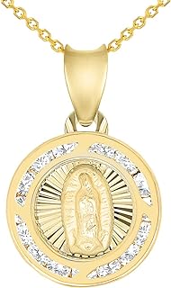 Spring Ring Clasp 14K Yellow Gold Cubic Zirconia Encrusted Our Lady of Guadalupe Medal Pendant Necklace with Cable Chain - Ideal Gift for Devout and Stylish Individuals - Handcrafted in the USA