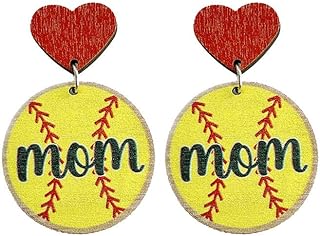 Wooden Love Heart MOM Earrings Sport Ball Baseball Basketball Volleyball Football Earrings Lightweight Stud Earrings Mother’s Day Jewelry Gift