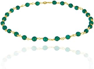 Green Jade Rosary Style Beaded Anklet in 14K Gold Plated Sterling Silver 925 Satellite Chain - Boho Chic Foot Jewelry