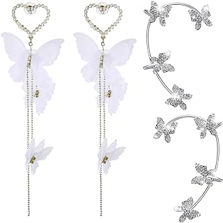 Butterfly Earrings for Women 4 Pcs White Butterfly Earrings Rhinestone Butterfly Ear Cuff Dangle Drop Cute Long Earrings Wedding Jewelry Gifts for Women Girls