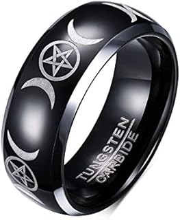 Triple Moon Goddess Tungsten Carbide Wedding Band for Men, Hisatan Two-Tone 8mm Pagan Ring, Durable Pentagram Design
