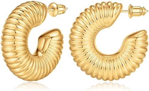 Chunky Gold Hoop Earrings for Women, 14K Gold Plated/Sliver Earrings Chunky Gold Earrings for Women Open Hoops Earrings Hypoallergenic Lightweight Large Gold Hoop Earrings Trendy Gold Hoop Earrings