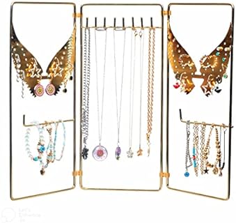 Moriboo Rectangular Angel Wings Design Earring Holder Stand in Gold Metal with 68 Holes, Adjustable Foldable Necklace and Bracelet Hanger for Women
