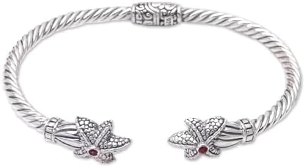 No-Clasp Indonesian Sterling Silver Starfish Cuff Bracelet with Garnets for Unisex Animal Themed Design