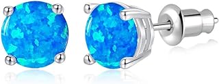 14K White Gold Plated Hypoallergenic Blue Opal Stud Earrings for Women, Girls, and Men with Push Back Design Ideal for Sensitive Ears - Airmoly Vibrant Opal Jewelry