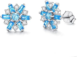 PYTALI Snowflake Earrings 925 Sterling Silver Stud Earrings with London Blue Ladder Square Crystal Winter Earrings for Women Girls Christmas Party