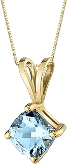 PEORA Solid 14K Yellow Gold Aquamarine Pendant for Women, Genuine Gemstone Birthstone Solitaire, 0.75 Carat Cushion Cut 6mm