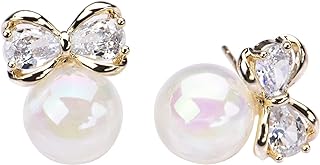 Lever Back Akkordeon Crystal Bow Stud Earrings with Imitation Pearl for Women, Unique Bow Design - Charming Gold-Plated Jewelry Perfect for Special Occasions