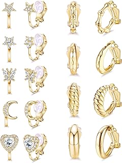 Sanfenly 9Pairs 14K Gold Clip on Earrings for Women Teen Girls Fashion Clip on Earrings Chunky Hoop Earrings Stud Earrings No Piercing Fake Earrings Set Gold Silver
