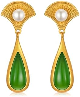 Green Jade Earrings 925 Sterling Silver Gold Plated Teardrop Jade Dangle Earring Chinese Style Fan Drop Earring Jewelry Gifts for Women