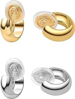 Stainless Steel, 4pcs Clip-On Hoop Earrings Set in 14K Gold and Silver Finish for Women & Girls