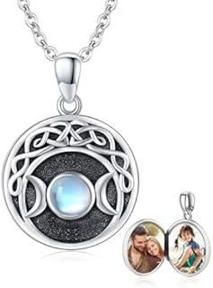 CUOKA MIRACLE Celtic Knot Locket, 925 Sterling Silver Triple Moon Goddess Necklace Round Locket Pendant Necklace That Holds Photos Personalized Customize Locket for Women Birthday Christmas Gifts