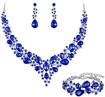 BriLove Wedding Bridal Jewelery for Women Austrian Crystal Teardrop Cluster Statement Necklace Dangle Earrings Link Bracelet Set