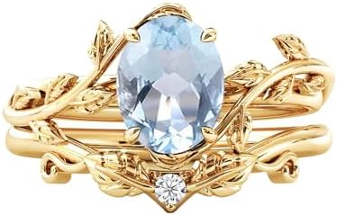 10K 14K 18K Solid Gold Natural Diamond Oval Vintage Gemstone Engagement Ring Set Leaf Art Deco Ring Set Oval Cut Unique Vine Gemstone Bridal Wedding Ring Set Size 4~12