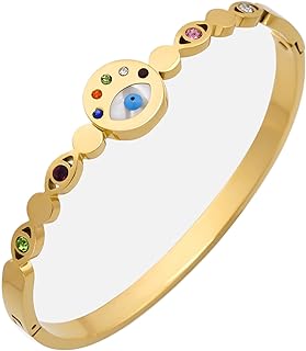 Gold-Plated Evil Eye Bangle Bracelet with Box Chain and No Gemstone, Colorful CZ Crystal, Perfect for Women's Valentines, Wedding, Christmas, Birthday Gifts