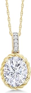 Gem Stone King 10K Yellow Gold White Moissanite and White Diamond Necklace | 2.14 Cttw | Oval 9X7MM Gold Pendant Necklace for Women | With 18 Inch Chain