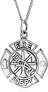 Bling Jewelry Personalized Medal Firefighter Fire Dept Shield Medallion Pendant Necklace For Women Firemen Wife .925 Sterling Silver