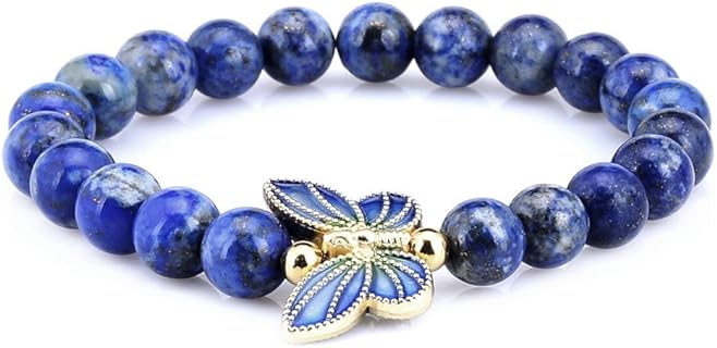 18K Yellow Gold Plated Sterling Silver Butterfly Beaded Bracelet with Simulated-Lapis Lazuli and Strand Chain for Women, Cloisonne Design