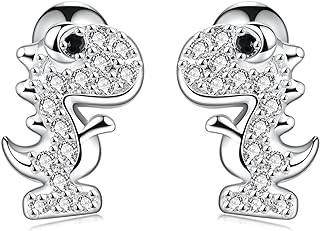 Whimsical Women's Dinosaur Cubic Zirconia Stud Earrings with Secure Screw Back - Crafted from Stainless Steel for Versatile earlobe, Cartilage, Helix, and More Piercings
