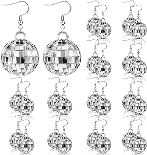 Women's Dazzling Disco Ball Dangle Earrings with French Wire Back - Silver & Reflective Glass - 60's & 70's Disco Party Accessories - 7-Inch Width - 12 Pair Set