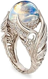 Victorian Style Rainbow Moon Stone Engagement Ring with Angel Wings Design for Women, Round Moonstone Cocktail Ring Size 6