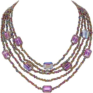 Coiris Multi Seed Bead Strand Necklace with Acrylic Rectangular Beads Chunky Bib Statement Rice Beads Collar Necklace