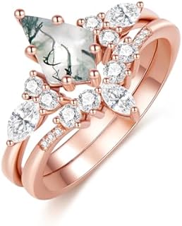 Kite Cut Moss Agate & Moissanite Engagement Ring in Sterling Silver for Women, Unique Gem Design Gift for Her, Size 7.5