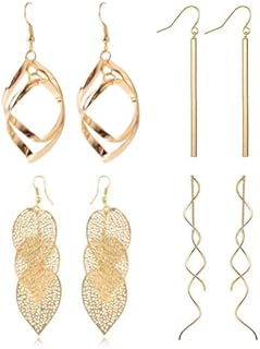 Women's 18k Gold Plated 4PC Dangle Earrings Set in Geometric & Leaf Design with Secure French Wire Backing - No Gemstones, Zinc & Stainless Steel