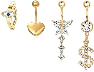 Cubic-Zirconia Embellished, 14G Clip-On Belly Button Rings Set for Women - Featuring Steel Clicker & Barbell Designs with Surgical Stainless Steel Material