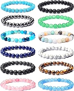 12-Piece Set of 8mm Mixed Semi-Precious Stone Bead Chain Stretch Bracelets for Men and Women - Perfect Gift for Special Occasions
