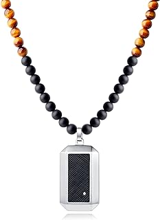 GAVU Men's Necklace with Matte Onyx and Tiger Eye Beads, Stainless Steel Dog Tag Pendant, Ball Chain and Lobster Clasp - 50 cm Length