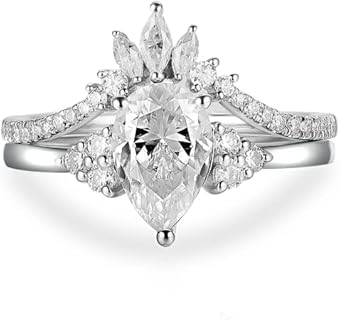 Statement Ring - Excellent Pear Cut 1.50 Carat Genuine Moissanite Wedding Set - Proposal Ring - 925 Sterling Silver Bridal Rings - Vintage Engagement Bridal Set Ring - Marquise Moissanite Wedding Band - Promise Ring For Women