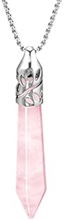 Rose Quartz Crystal Hexagonal Healing Pendant for Men and Women with 18 inches Stainless Steel Rolo Chain by BEADNOVA