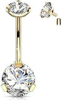 Forbidden Body Jewelry Long Belly Button Rings, Belly Button Jewelry, 14G Surgical Steel, Tri-Prong Round CZ Solitaire Belly Ring for Women, Internally Threaded