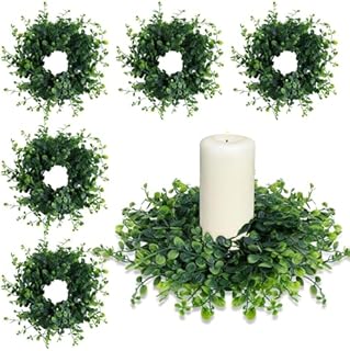 6 Pcs Candle Rings Wreaths 3 Inch Wedding Candle Rings Pillars Candle Wreaths Kitchen Cabinet Wreaths Mini Green Boxwood Candle Wreaths for Farmhouse Wedding Table Party Home Decor