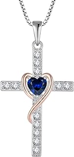 Sterling Silver Cross Pendant Necklace with Box Chain and Created Sapphire for Christians, Heart-Shaped Design