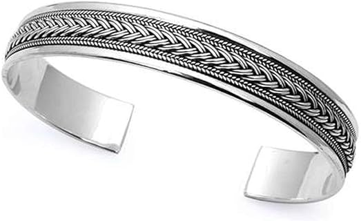 Men's Silver Bangle Bracelet - Solid 925 Silver Bangle Bracelet for Women and Men, Braided Bangle - Adjustable size