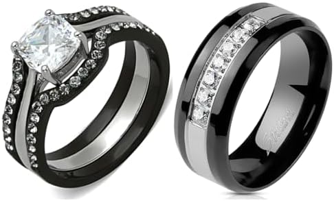 His Hers Couples Ring Set Womens Black Stainless Steel Promise Ring Mens 7 CZ Wedding Band