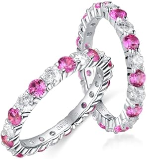 DovEggs Moissanite Wedding Band for Women 1.9-2.3ctw Total 3mm Cut GHI Moissanite&Pink Cut Sapphire Engagement Ring Full Eternity Stackable Wedding Moissanite White/Yellow/Rose Gold Plated Silver