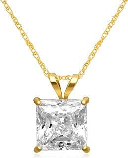 Jewelili 10K Yellow or White Gold 6 MM (1 Cttw), 7 MM (1.5 Cttw) & 7.5MM (2.0 Cttw) Princess Cut Cubic Zirconia Solitaire Pendant Necklace 18” Rope Chain
