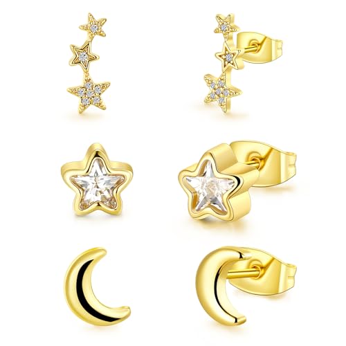 3 Pairs Star Moon Stud Earrings for Women and Men, Hypoallergenic Stud Earrings Set for Girls, Trendy Simple Earrings Jewelry Cubic Zirconia-Silver/Gold