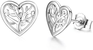 Tree of Life Earrings, 925 Sterling Silver Heart Shaped Studs for Women, Hypoallergenic Earrings for Sensitive Ears Gifts for Women with Gift Box…