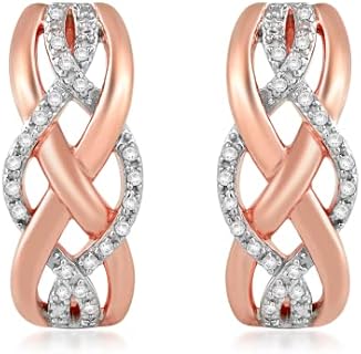 14K Rose Gold Plated Sterling Silver J-Hoop Earrings with 1/10 Cttw White Round Diamonds, Push Back Closure for Women, Crossover Design