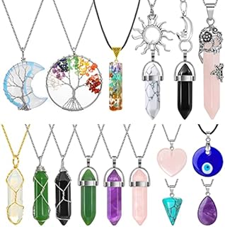 16 PCS Crystal Pendant Necklaces for Women Girls, Amethyst Evil Eye Rose Quartz Moon Sun Tree of Life Amethyst Chakra Necklace, Healing Crystal Necklace Jewelry for Women Girls Friends Gifts