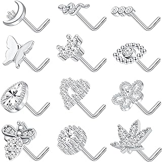 Staligue 12pcs 20G Nose Rings Studs L Shaped Nose Studs Stainless Steel Nose Piercings Flower Heart Snake Butterfly Moon Nose Rings Piercing Jewelry